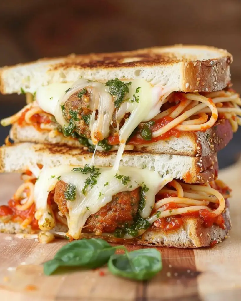 A delicious Meatball Smash Grilled Cheese sandwich with spaghetti, meatballs, and melted cheese on toasted bread