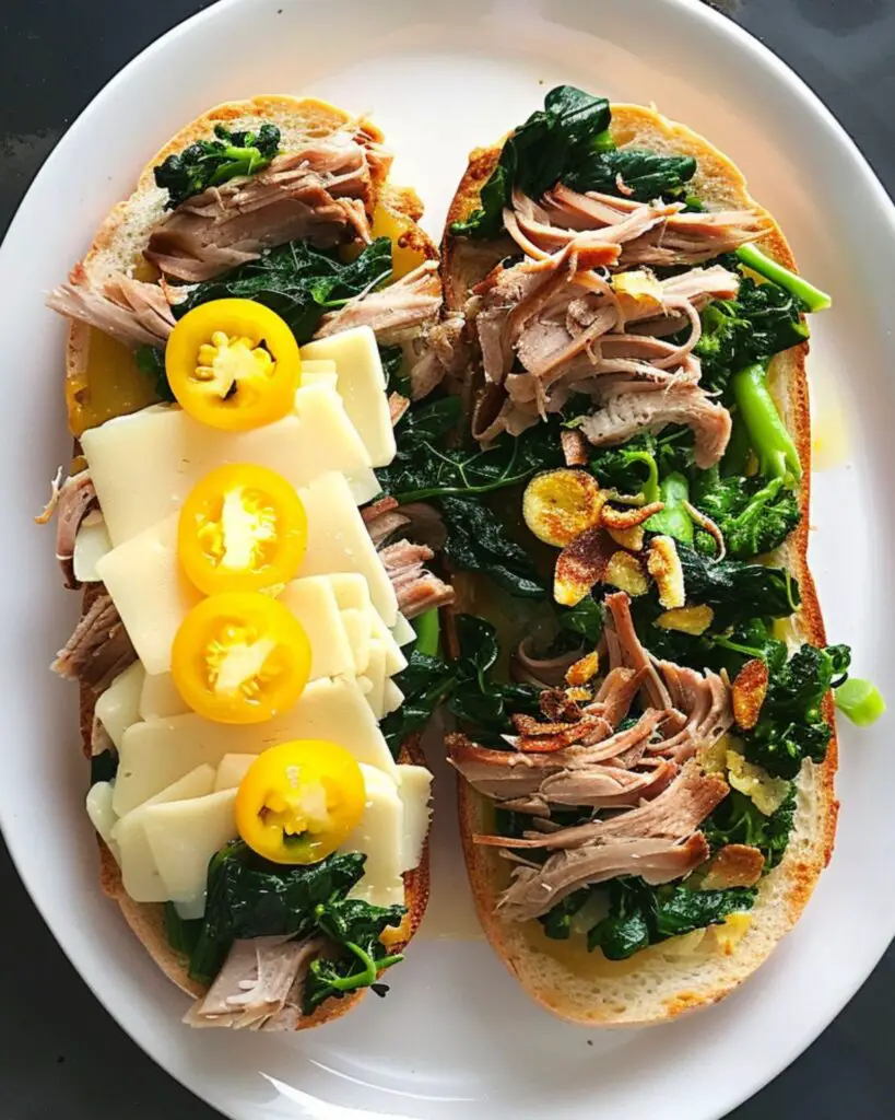 A delicious Roasted Pork and Broccoli Rabe sandwich with banana peppers and provolone on Italian bread