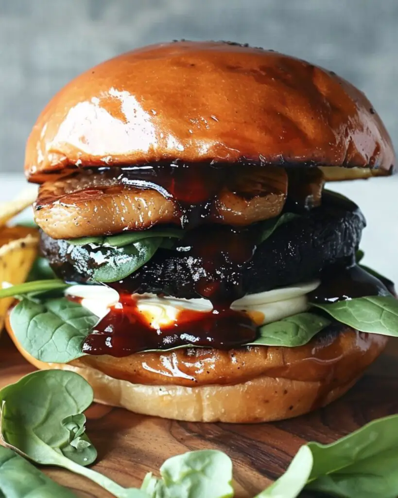 A delicious Grilled Portobello burger with mozzarella, baby spinach, and red pepper tapenade on a bun