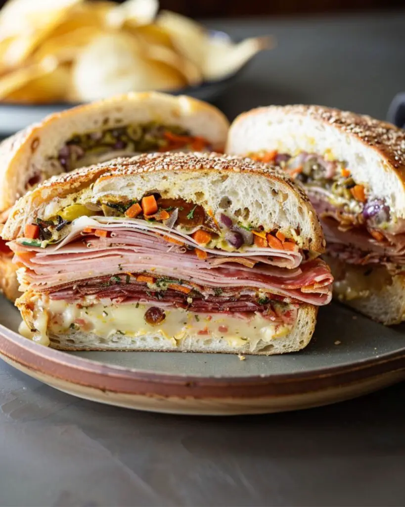 A delicious Muffuletta sandwich with layers of deli meats, cheeses, and olive spread on Italian bread.