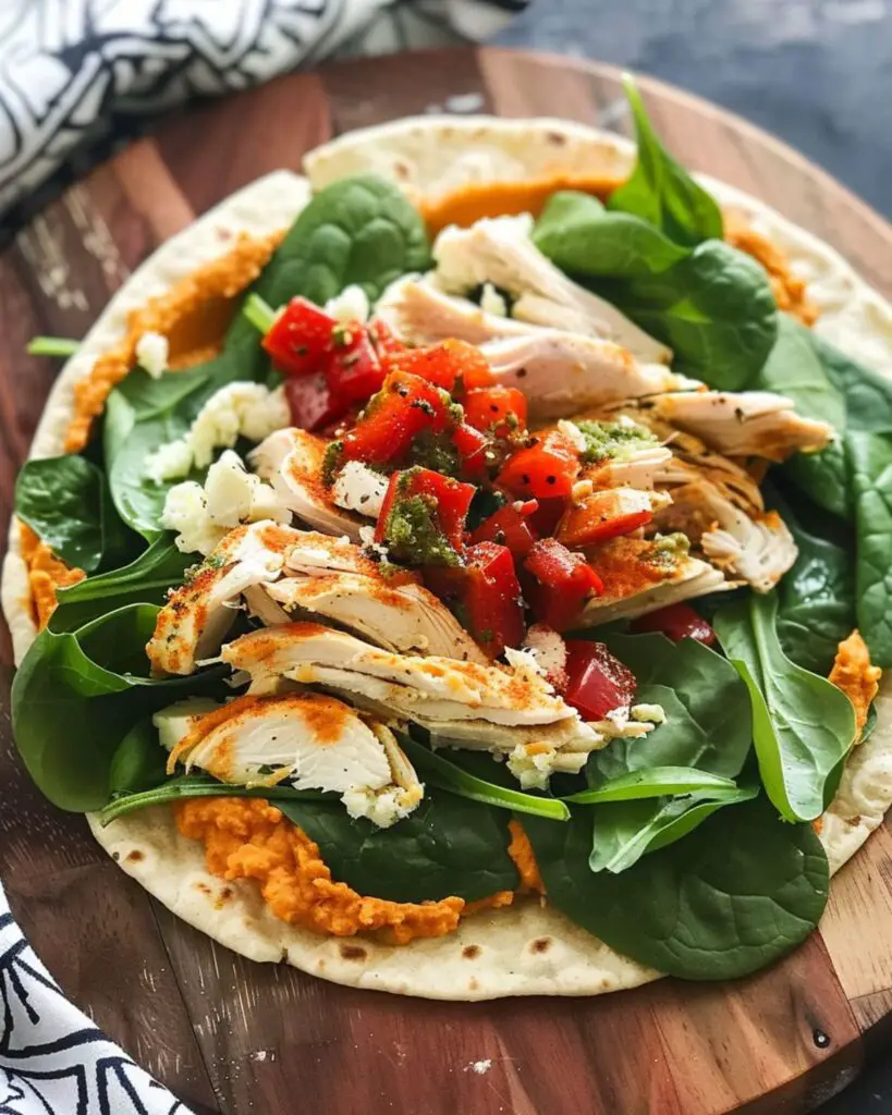 A delicious Chicken Spinach Provencal wrap with rotisserie chicken, spinach, goat cheese, peppadew, and pesto on a whole wheat wrap