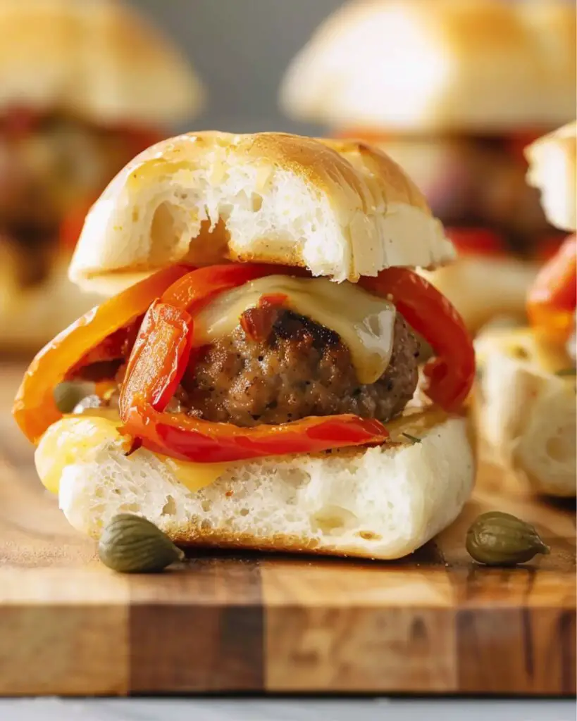 A delicious mini Italian meatball slider with melted cheese, roasted peppers, and capers on a mini roll