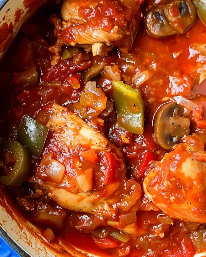 A hearty serving of gluten free Chicken Cacciatore, featuring tender chicken and vegetables simmered in a rich tomato sauce, showcasing gluten free Italian cooking.