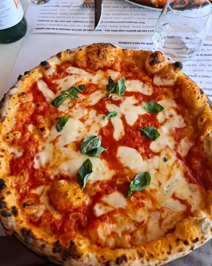 A delicious Margherita pizza topped with fresh basil, served at Il Pomodorino in Siena, showcasing its top-rated pizza.