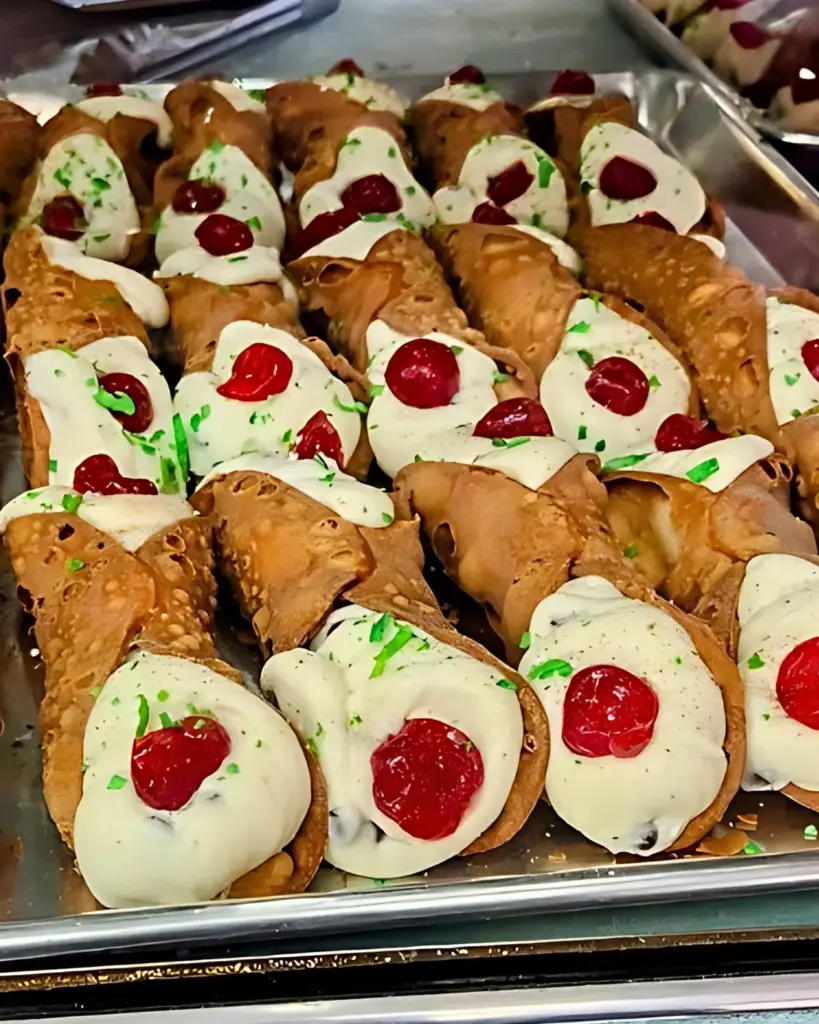 Italian cannoli from Circo's Pastry Shop in NYC, featuring cherry-topped and chocolate chip-filled cannoli.