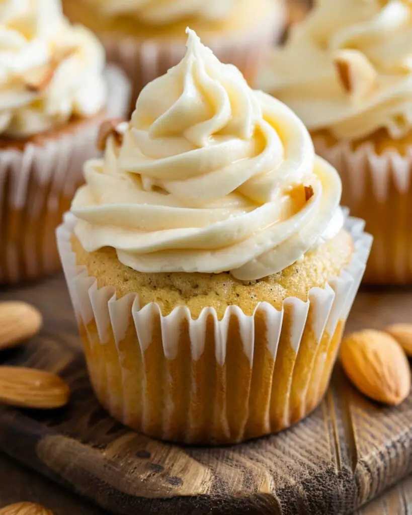 Almond vanilla cupcakes topped with a rich and creamy frosting, garnished with almond pieces on a rustic wooden board, showcasing Italian flavored cupcakes perfect for Italian themed parties and Italian desserts cupcakes.