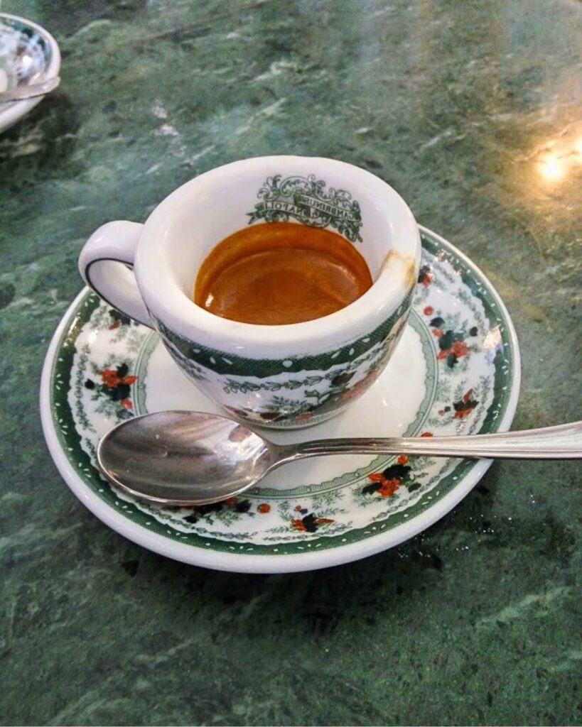 A beautifully decorated espresso cup with rich, aromatic coffee served at Gran Caffè Gambrinus, highlighting the best cafes in Naples Italy and Naples coffee aesthetic.