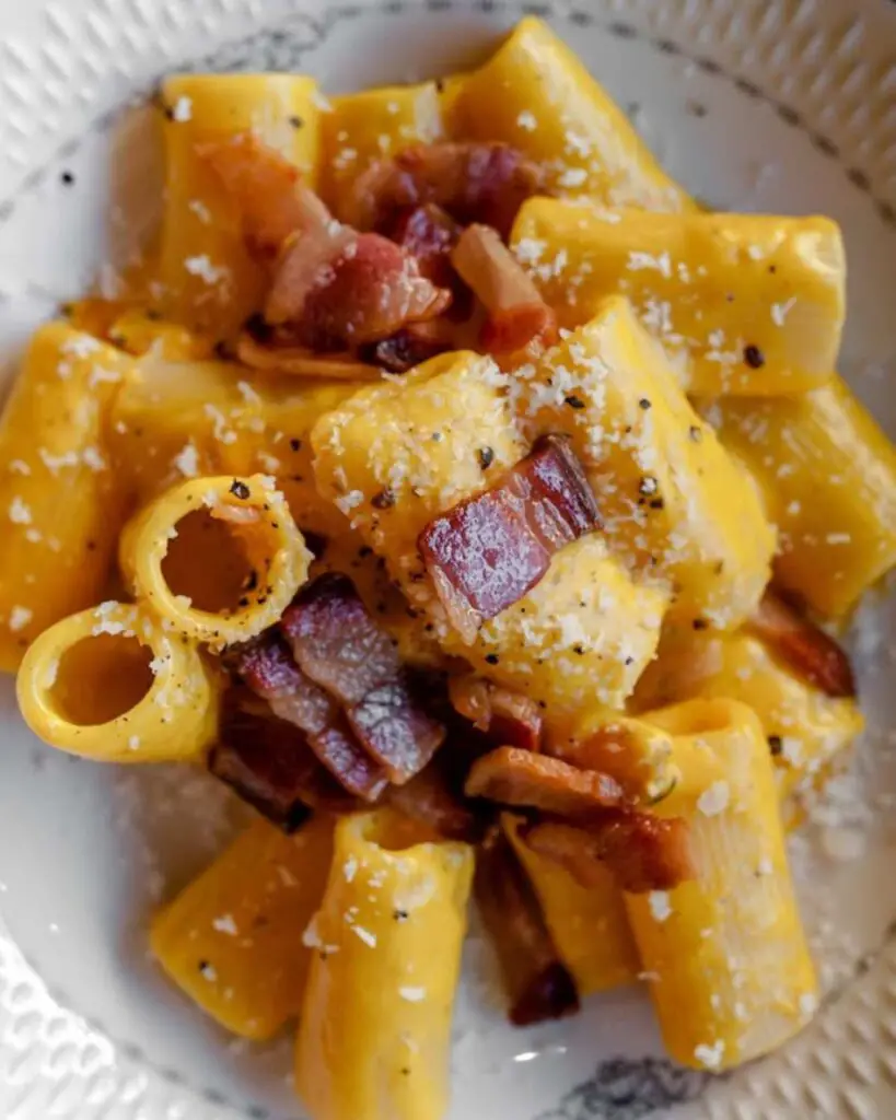 A plate of authentic pasta carbonara at Trecca, featuring rigatoni pasta coated in a creamy sauce, topped with crispy guanciale and a sprinkle of Pecorino Romano, exemplifying the best pasta places in Rome.