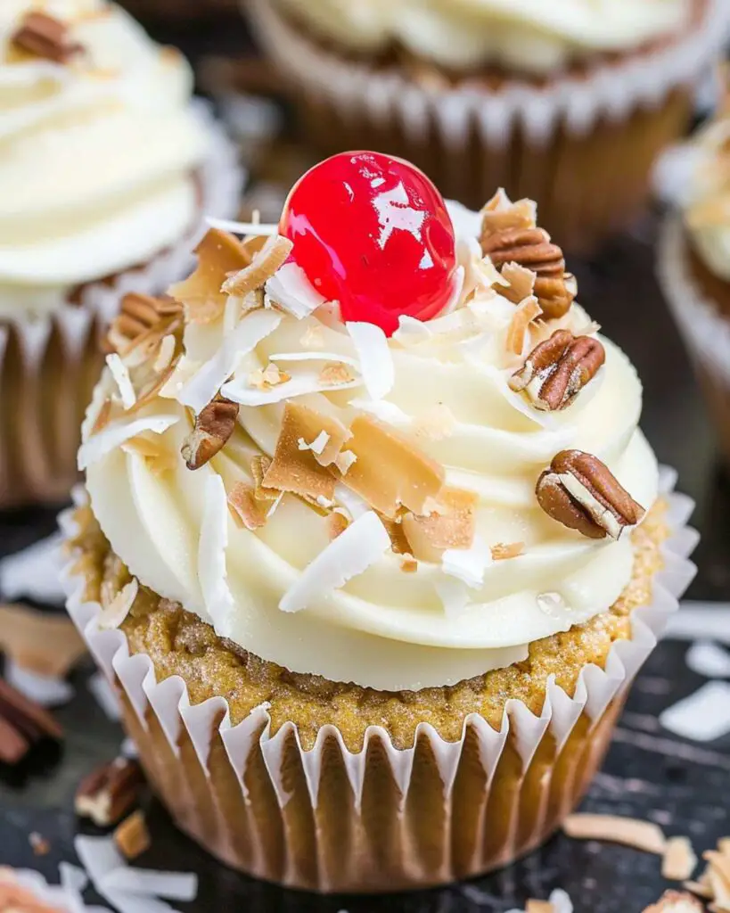 Delicious Italian cream cupcakes with luscious cream cheese frosting, topped with toasted coconut and pecans, showcasing the best Italian cream cake cupcakes recipe. These Italian-themed cupcakes are perfect for any occasion, offering a delightful blend of flavors in a mini Italian cupcakes form. Ideal for Italian summer cupcakes or Italian birthday cupcakes celebrations.