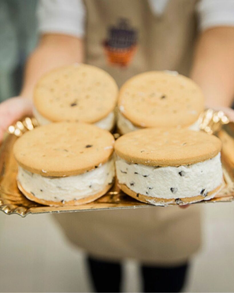 A tray of gelato sandwiches from Gelateria Fassi in Rome, showcasing traditional Italian ice cream sandwiches with a rich and authentic gelato Rome aesthetic.