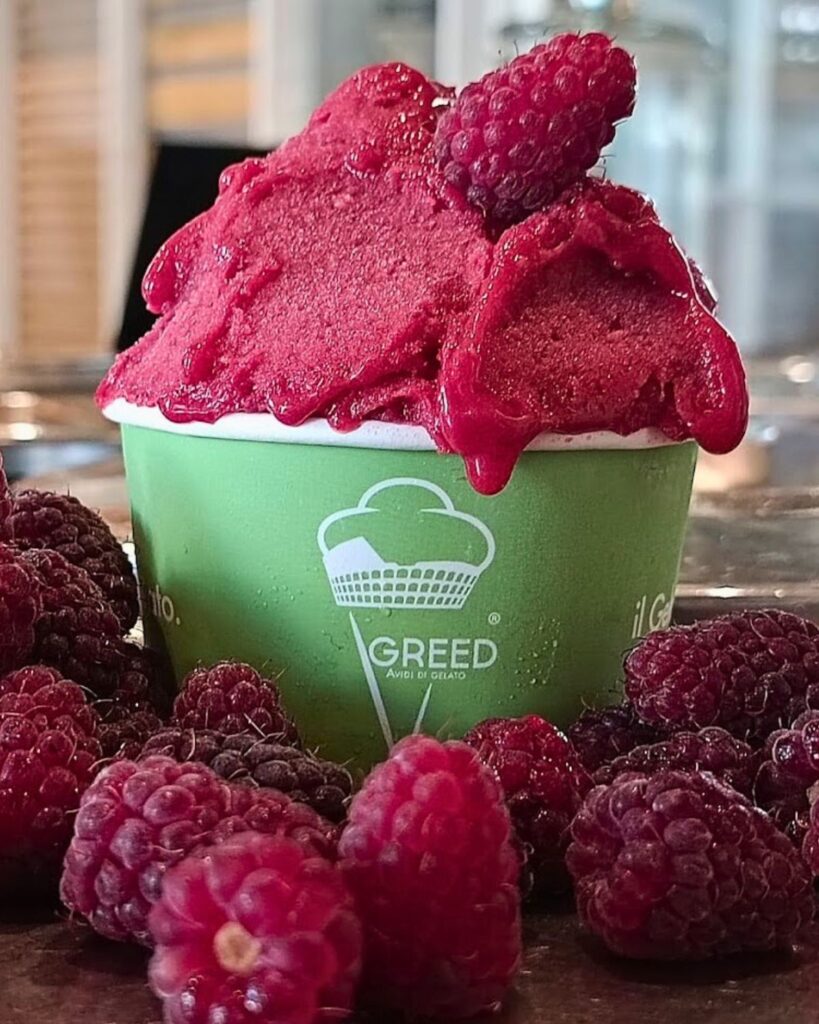 A cup of vibrant raspberry gelato from Greed Avidi di Gelato in Rome, surrounded by fresh raspberries, showcasing the best ice cream in Rome with a rich, authentic gelato Rome aesthetic.