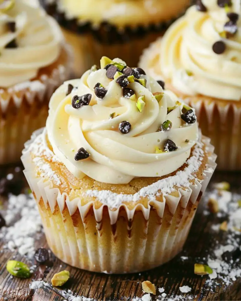 Cannoli cupcakes with mascarpone frosting, topped with powdered sugar, crushed pistachios, and mini chocolate chips, showcasing Italian flavored cupcakes and Italian desserts cupcakes.