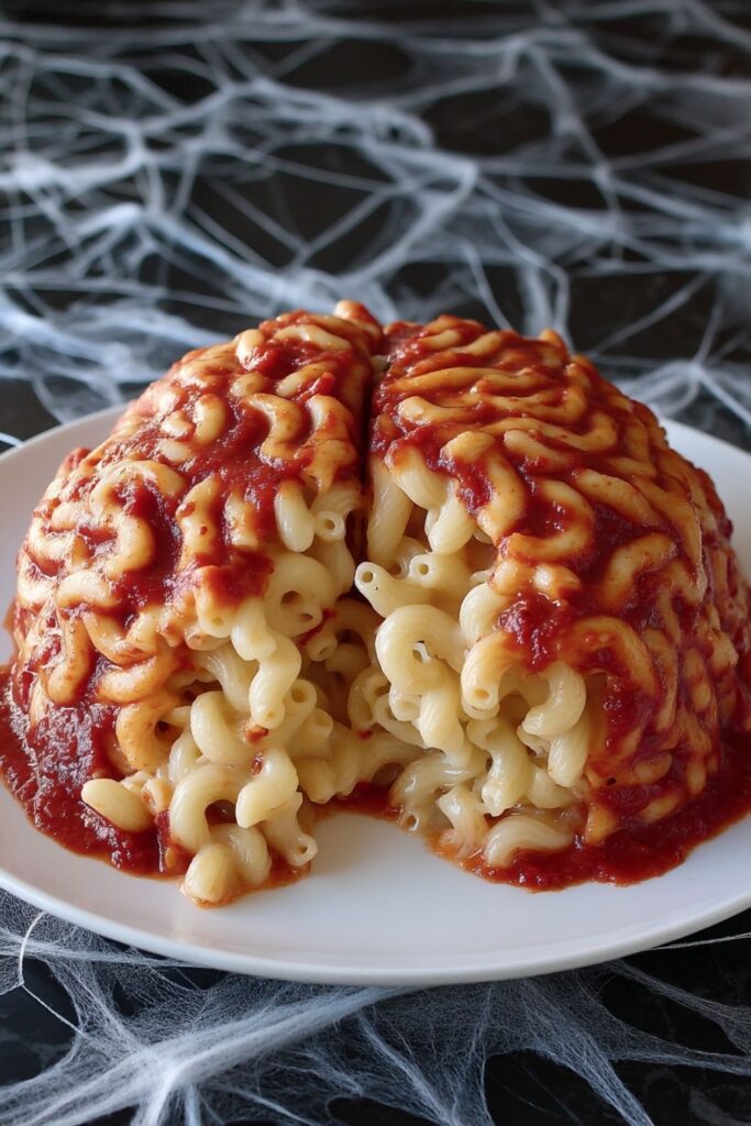 Molded macaroni pasta brain covered in warm marinara sauce on a white plate.