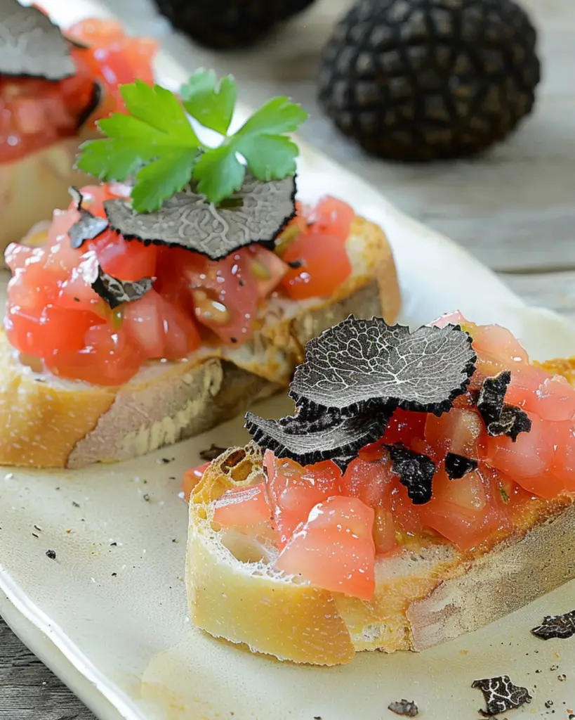 Fresh tomato black truffle crostini, perfect for Columbus Day Italian recipe ideas, featuring toasted bread topped with fresh tomatoes and shaved black truffles.