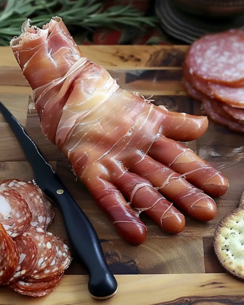 Prosciutto hand served with crackers and pickles, perfect for creepy Halloween food and appetizers.