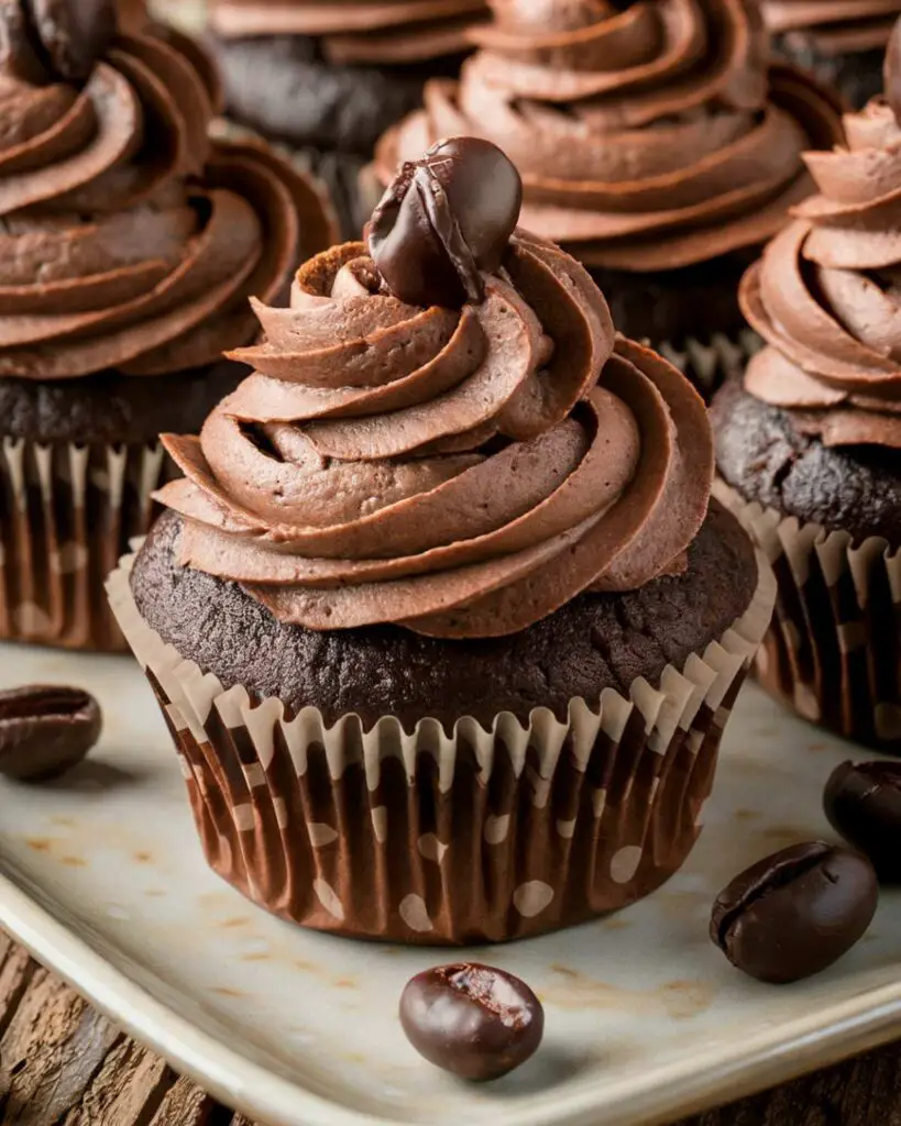 Rich espresso cupcakes topped with creamy chocolate frosting and a coffee bean garnish, showcasing Italian flavored cupcakes and Italian desserts cupcakes.