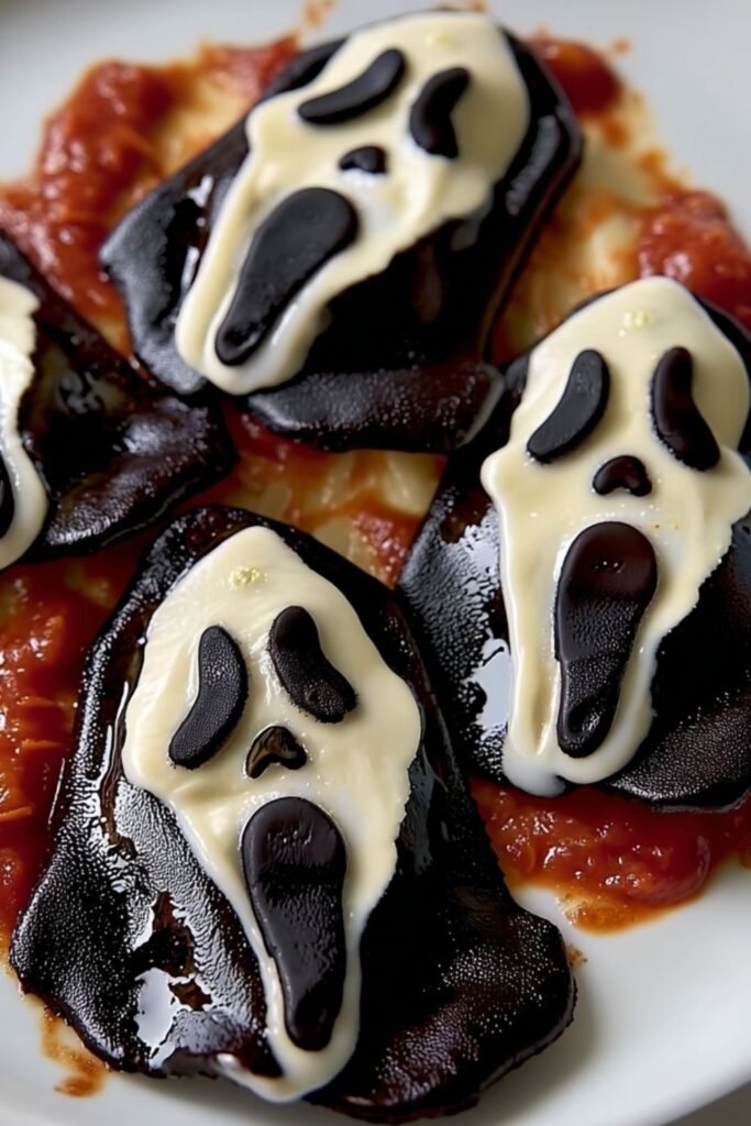 Black pasta ghost ravioli with pale masks and red sauce on a plate.