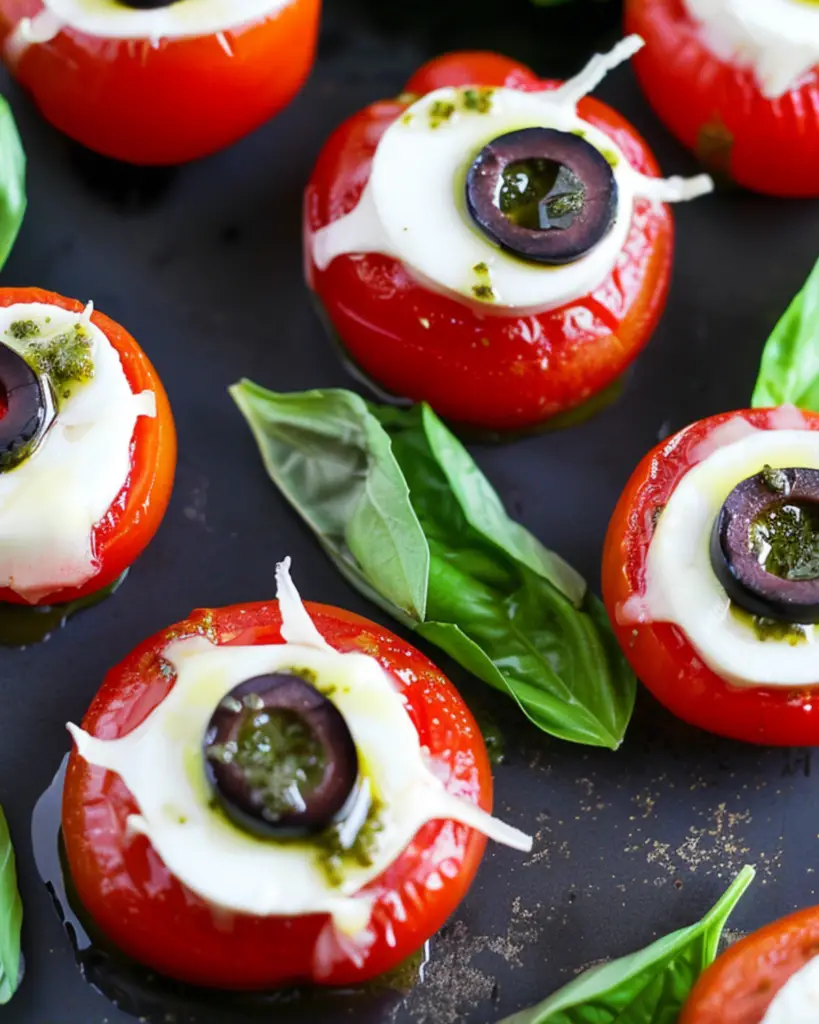 Caprese eyeballs made with tomatoes, mozzarella, olives, and pesto, perfect for creepy Halloween themed Italian food appetizers.