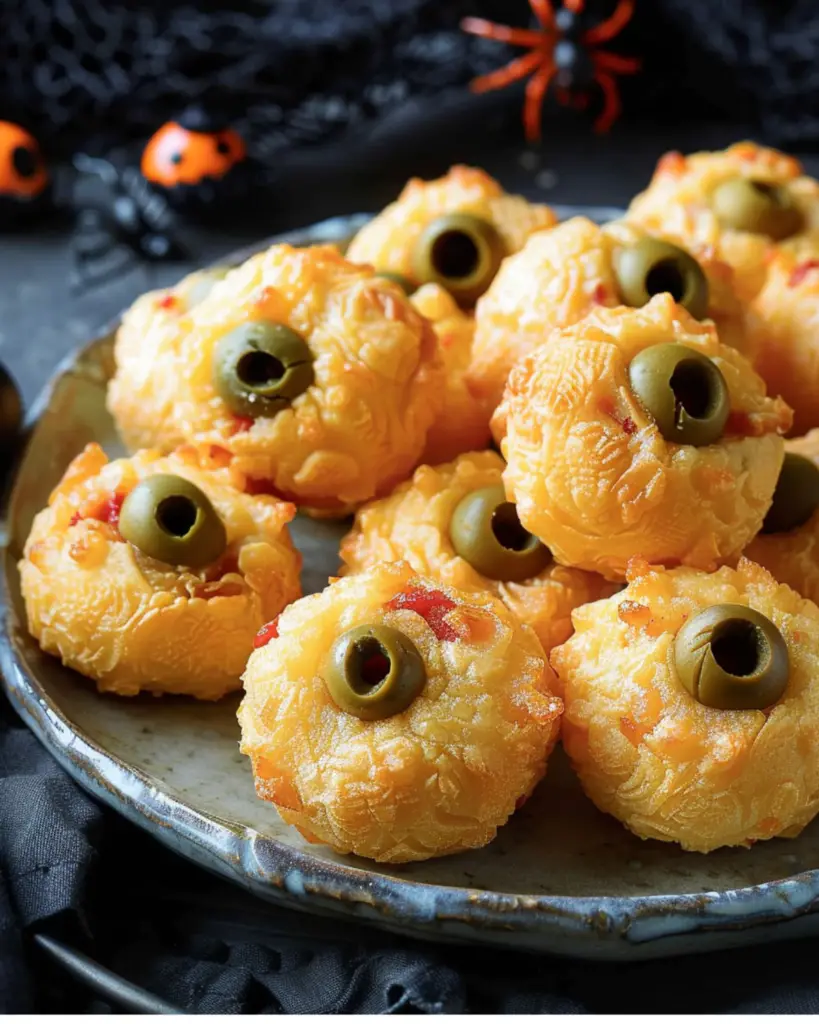 Plate of cheese olive balls resembling eyeballs, perfect for Halloween themed Italian food and appetizers.