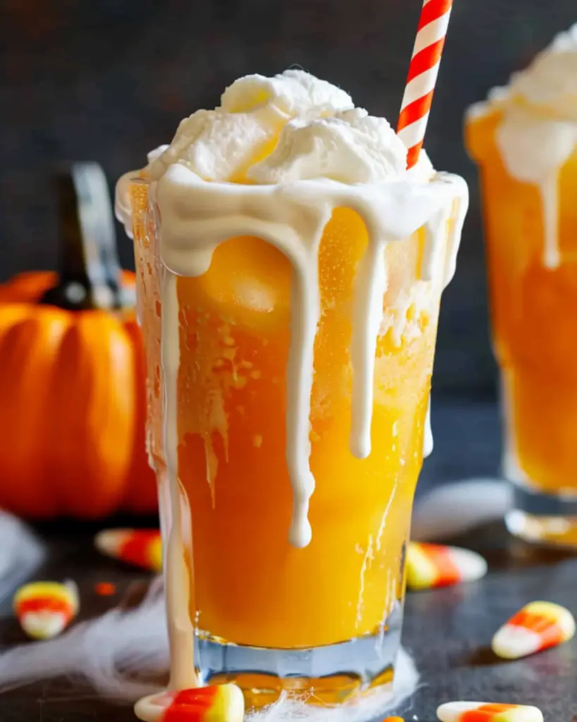 Festive Italian pumpkin soda topped with whipped cream, perfect for Halloween Italian sodas and non-alcoholic Halloween drinks