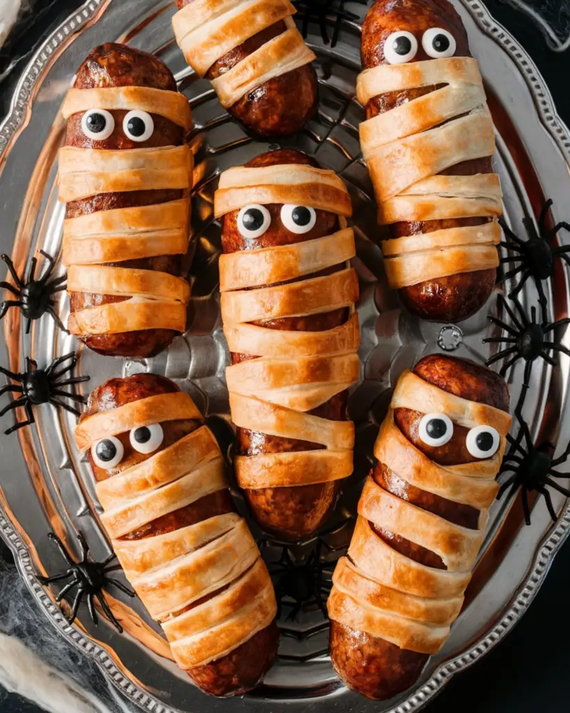 Sausage mummies made with puff pastry and edible eyes for a fun and creepy Halloween party appetizer