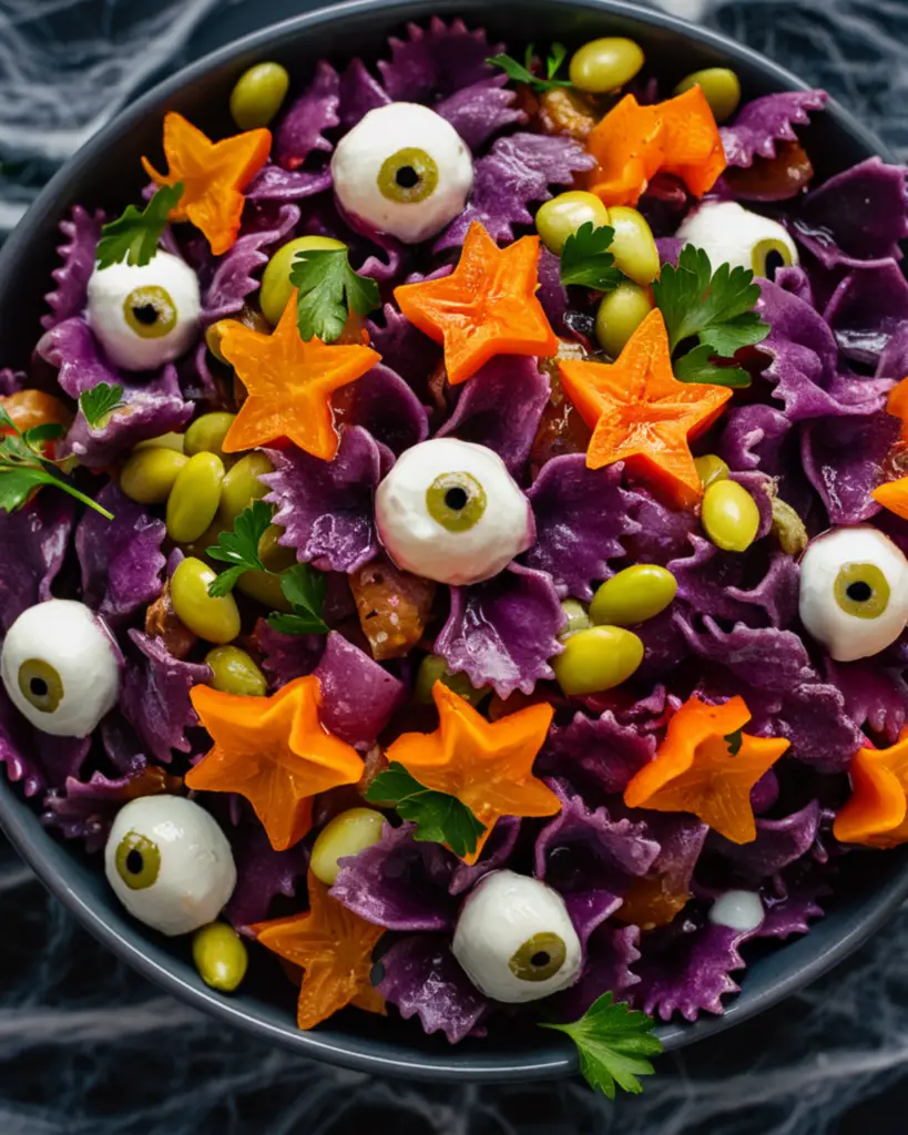 A captivating Halloween-themed pasta salad featuring purple pasta, mozzarella eyeballs, and star-shaped carrots, perfect for creepy Halloween food ideas.