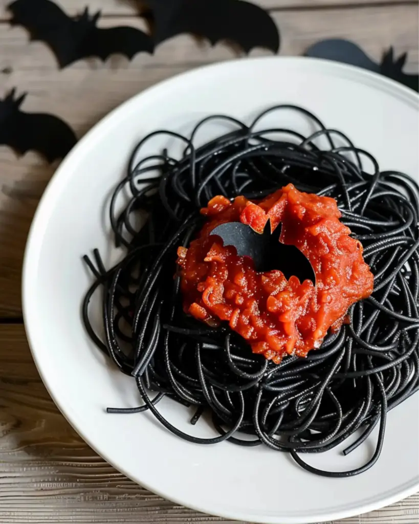 Spooky Halloween spaghetti with black pasta and red sauce topped with a bat decoration, perfect for creepy Halloween dinner ideas.