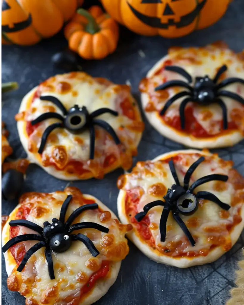  Mini spider pizzas with mozzarella cheese and black olives, perfect for Halloween party appetizers and creepy Halloween food.