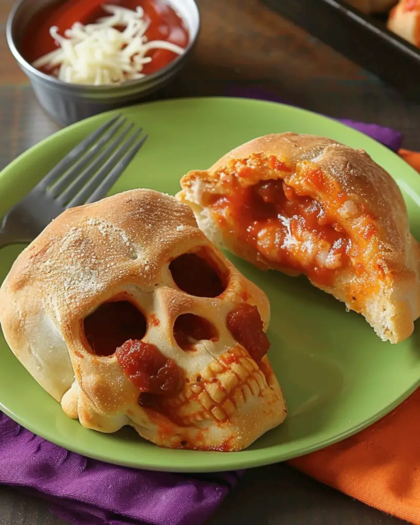 Pizza skulls with cheesy filling and marinara sauce on a green plate, perfect for Halloween party appetizers and creepy Halloween food