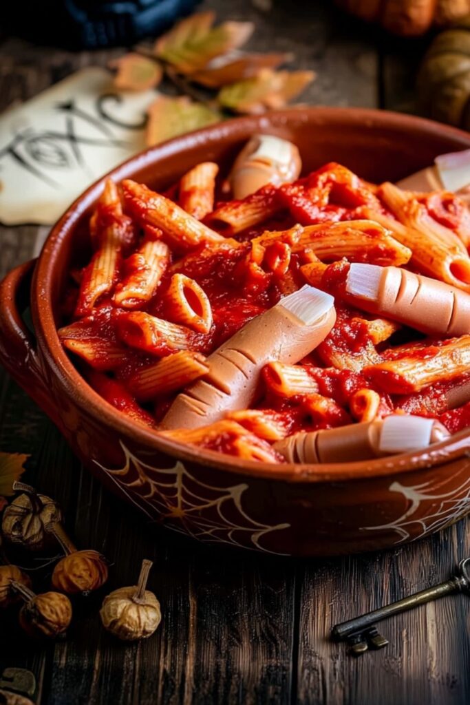 Penne pasta in red sauce featuring severed hot dog fingers with onion nails.