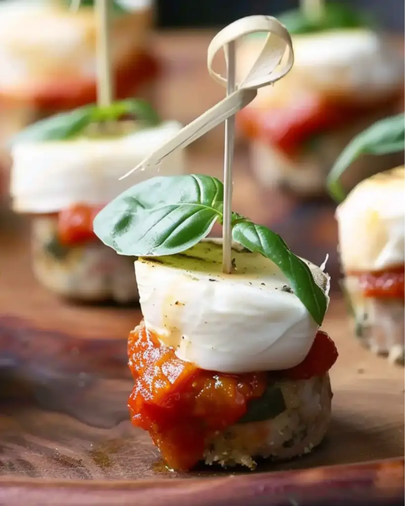 Friendsgiving appetizer of chicken parmesan sausage bites topped with melted mozzarella, fresh basil, and a toothpick on a wooden board