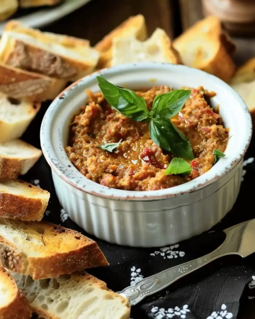 Friendsgiving appetizer of sundried tomato and basil spread in a white ramekin, garnished with fresh basil leaves and surrounded by slices of rustic bread on a dark background.