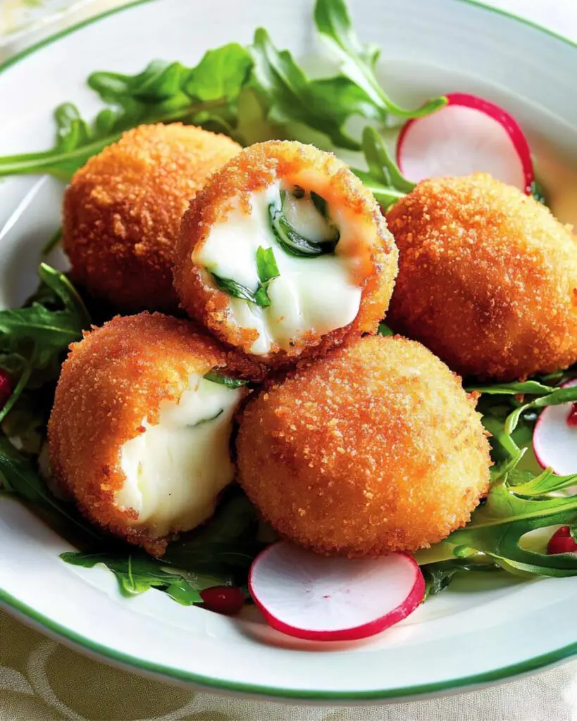 Breaded and fried Caciocavallo cheese bites with melted cheese oozing out, served on a plate with fresh greens and radishes, ideal for Italian appetizers easy finger foods at parties.