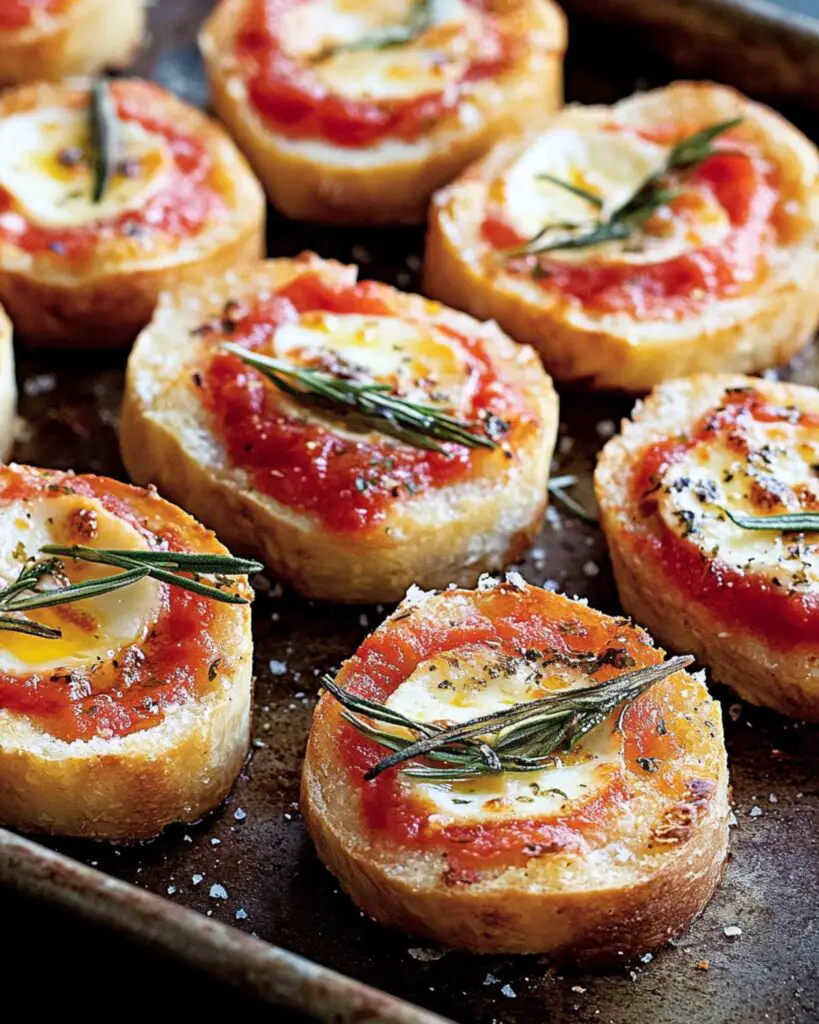 Miniature pizza rounds with tomato sauce, melted mozzarella, and rosemary on crusty bread, arranged on a baking sheet, ideal for Italian finger food appetizers.