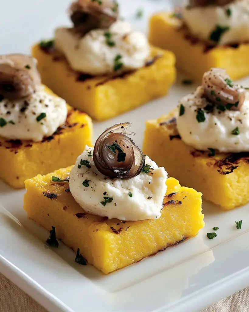 Grilled polenta crostini topped with creamy cod and anchovy fillets, garnished with parsley, perfect for Italian appetizers party finger foods.