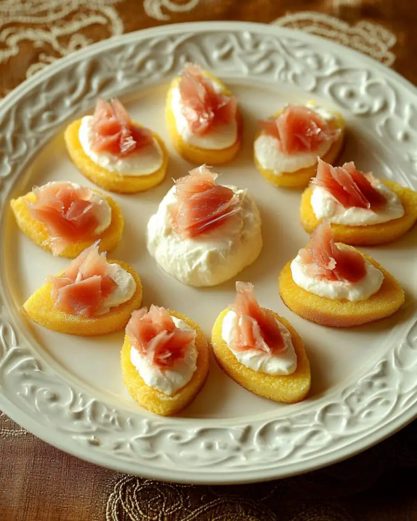 Golden polenta crostini topped with creamy burrata and smoked tuna, arranged in a circular pattern on a white plate, perfect for Italian finger food appetizers at parties.