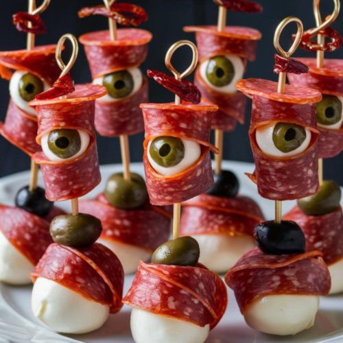 Skewered salami eyeballs with mozzarella and capers, perfect for Halloween themed Italian food appetizers.