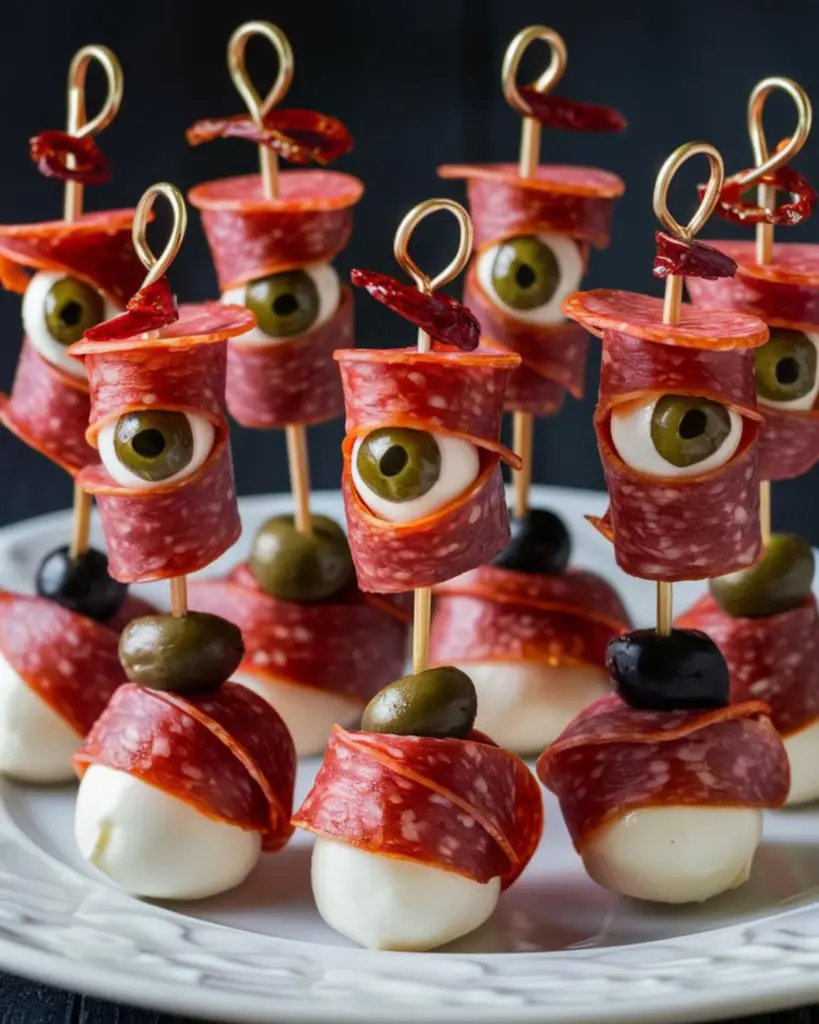 Skewered salami eyeballs with mozzarella and capers, perfect for Halloween themed Italian food appetizers.