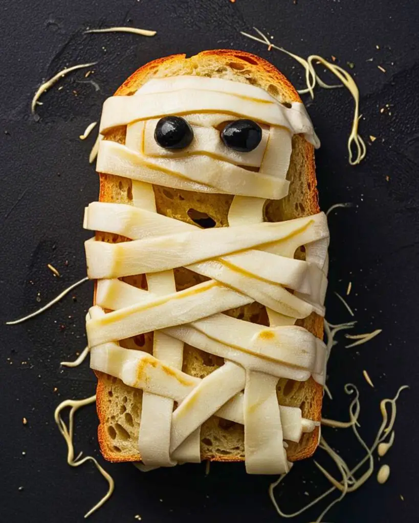 Mummy garlic bread made with mozzarella string cheese and black olives served with a bowl of spaghetti, perfect for Halloween themed Italian food.