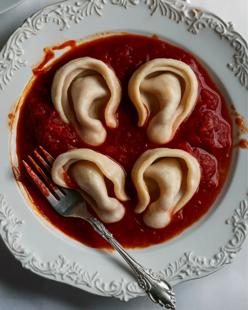 Plate of meat ravioli shaped like ears served in a bloody tomato sauce, perfect for Italian Halloween food.