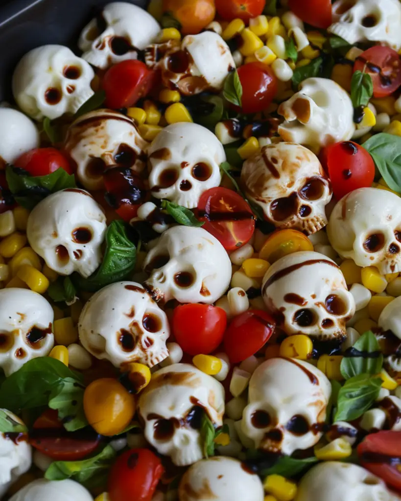 Spooky skull mozzarella salad with fresh corn, tomatoes, and basil for Halloween themed Italian food