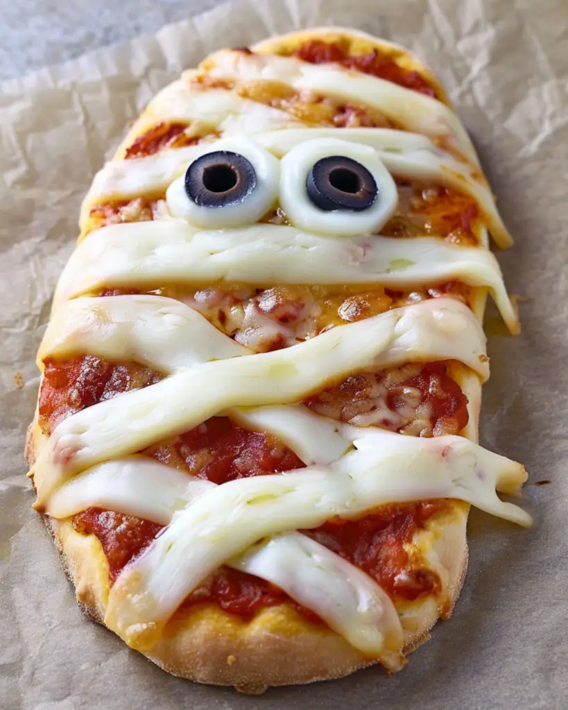 Mummy pizza with melted cheese and black olive eyes, perfect for Halloween themed Italian food and creepy Halloween dinners.