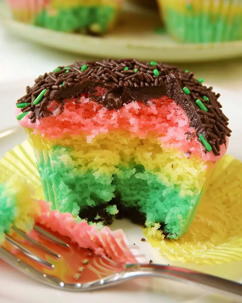 Italian rainbow cupcakes with colorful layers mimicking the Italian flag, topped with rich chocolate ganache and chocolate sprinkles, showcasing Italian flavored cupcakes and Italian desserts cupcakes.