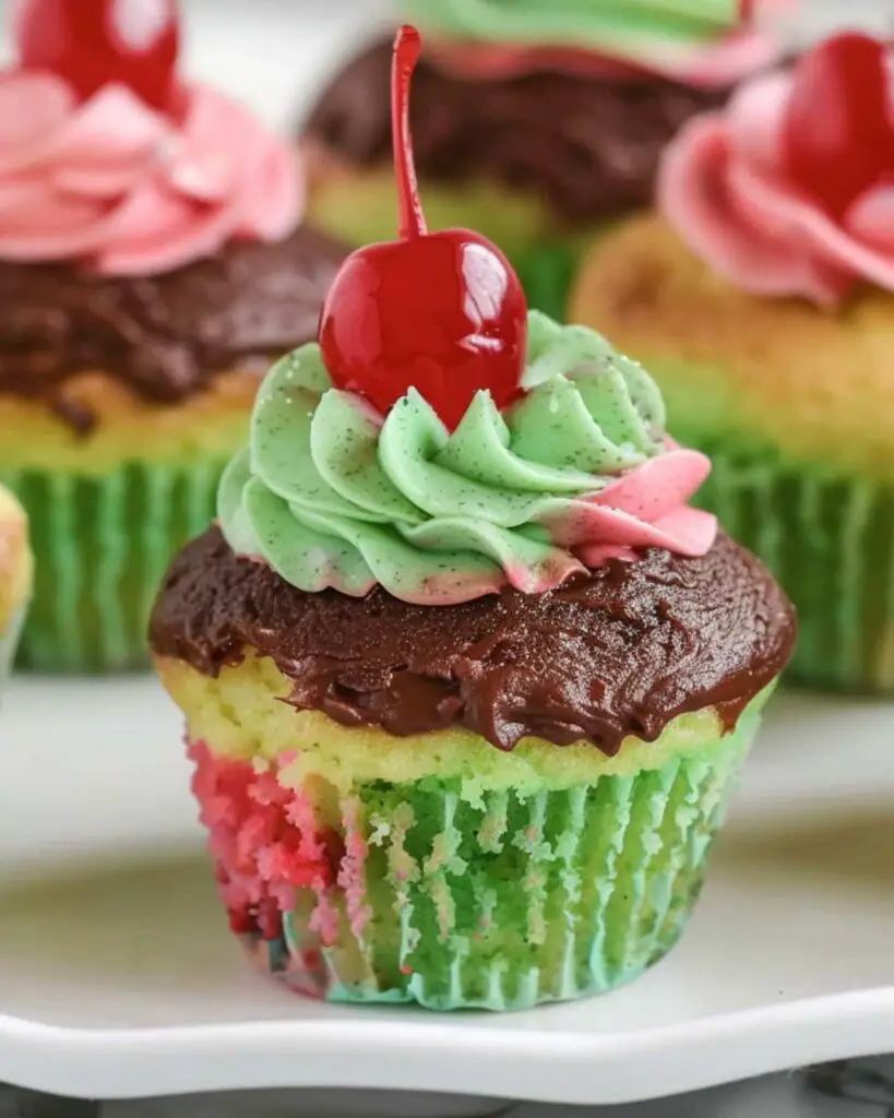 Italian spumoni cupcakes with layers of white cake, pistachio, and cherry, topped with chocolate frosting and a cherry, showcasing Italian flavored cupcakes and Italian desserts cupcakes.