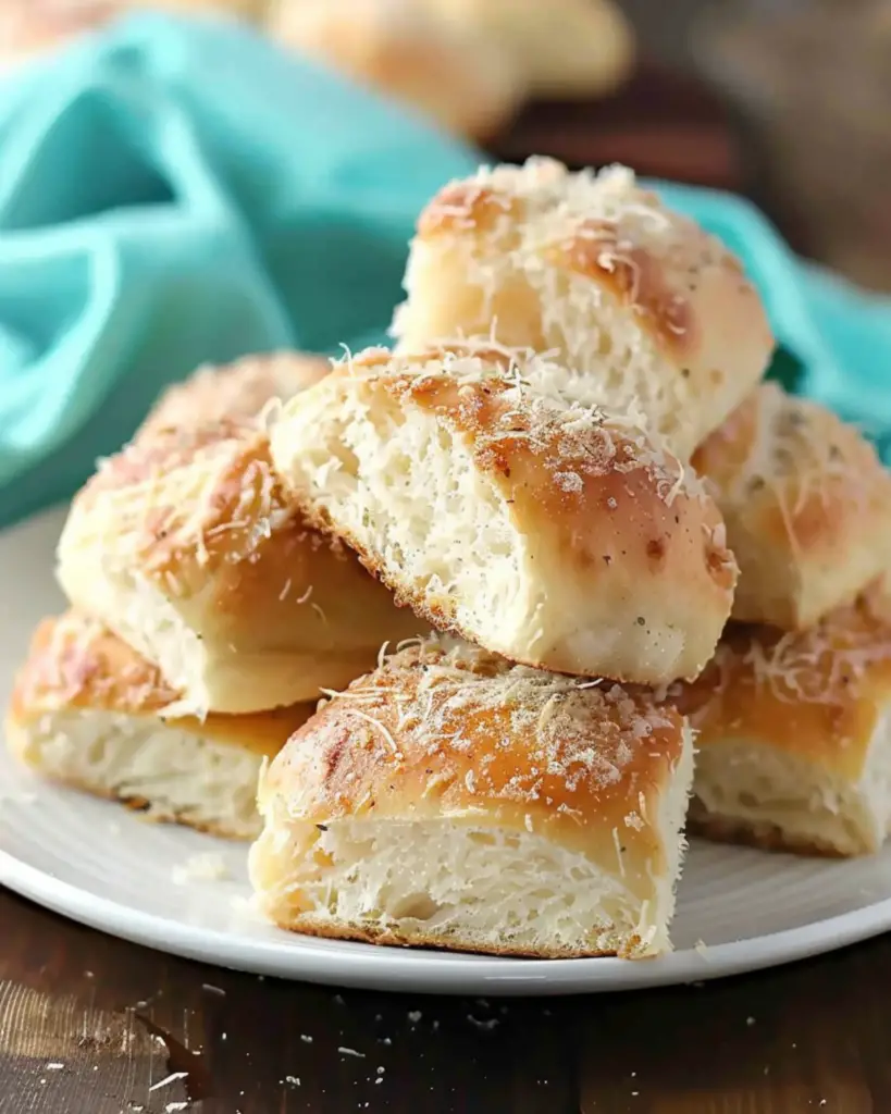 Friendsgiving food idea of Italian Parmesan rolls stacked on a white plate with a blue cloth in the background.