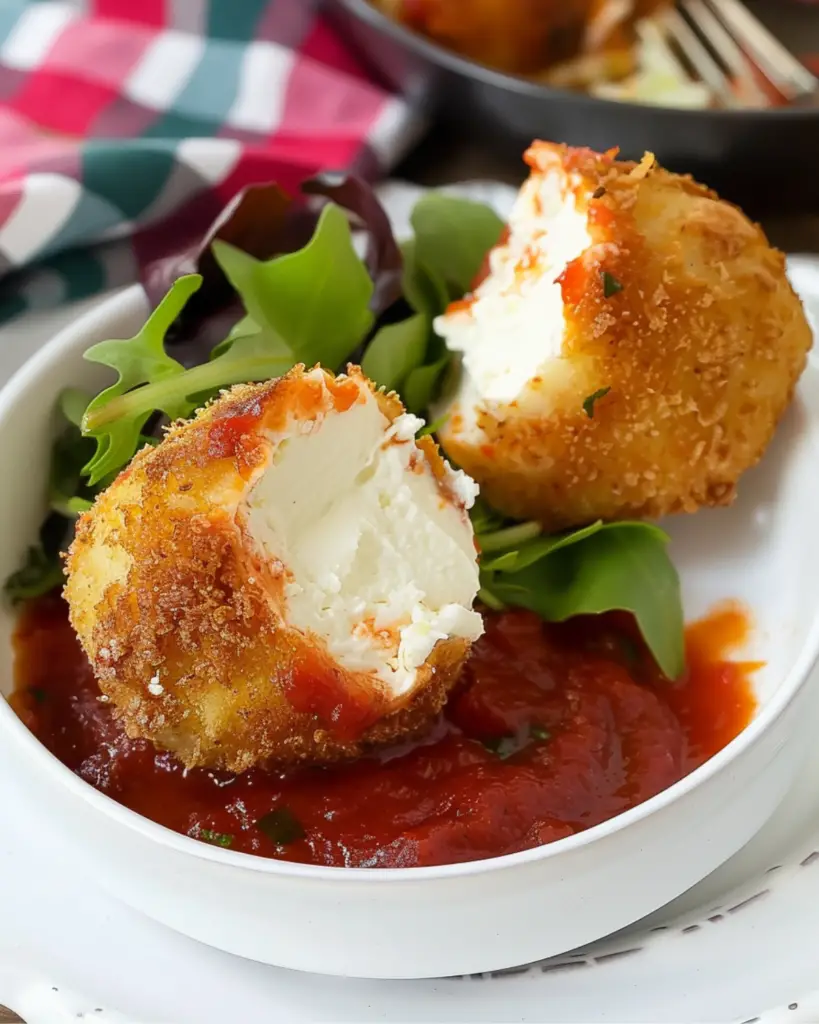 Friendsgiving appetizer of ricotta cheese balls served with marinara sauce and a side of fresh greens on a white plate