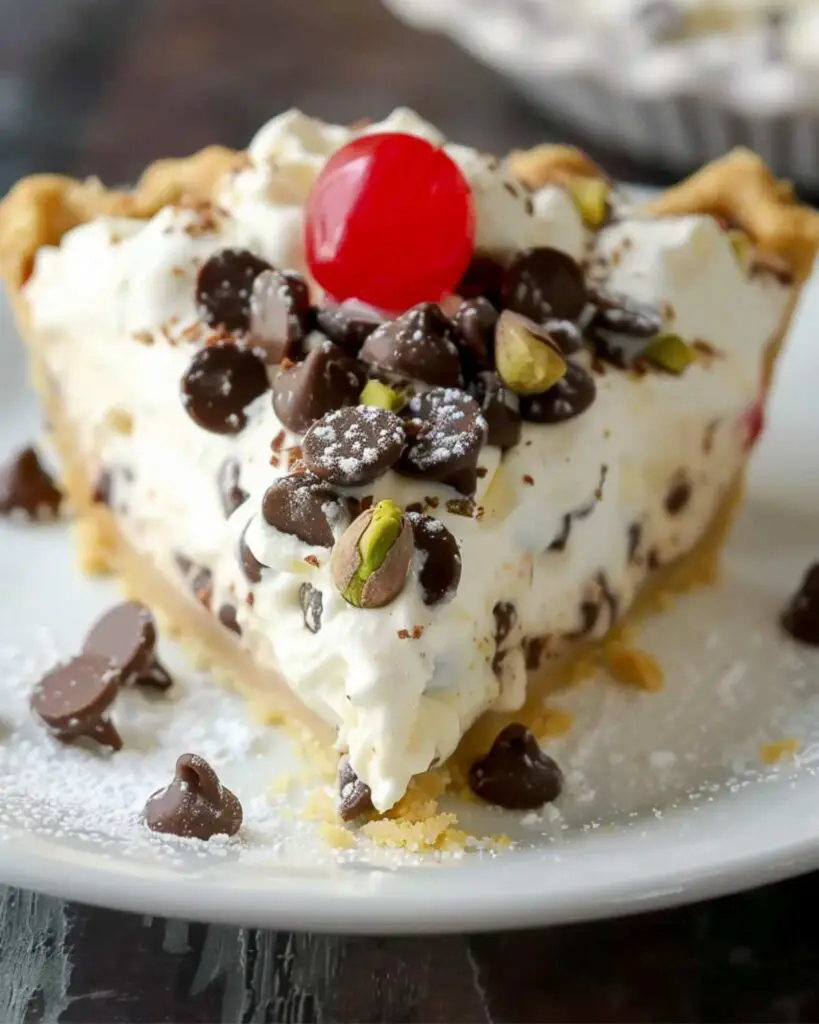 Italian friendsgiving dessert of cannoli pie topped with a cherry, perfect for an Italian themed friendsgiving