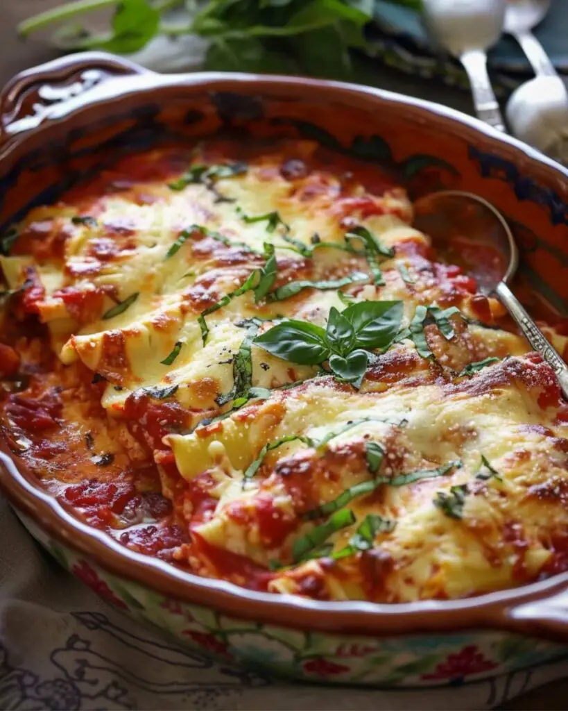 Italian friendsgiving food of cheese manicotti baked in tomato sauce, perfect for an Italian themed friendsgiving menu