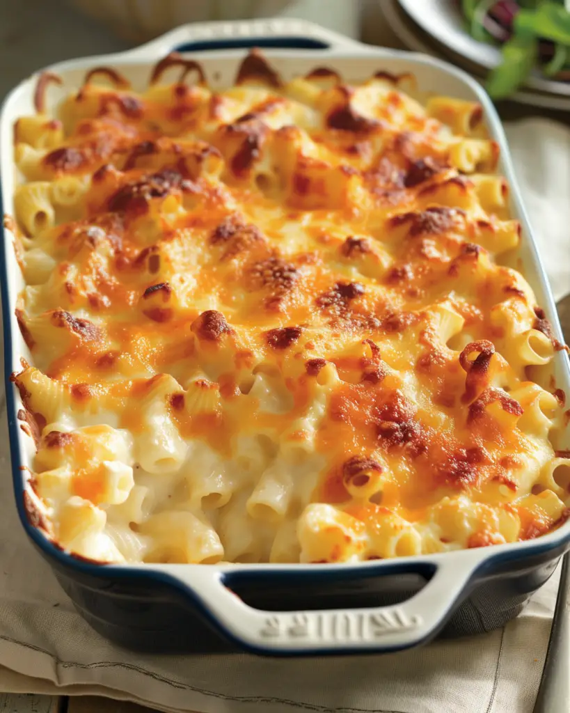 Italian friendsgiving food of layered baked mac and cheese in a casserole dish, perfect for a friendsgiving menu with a side salad