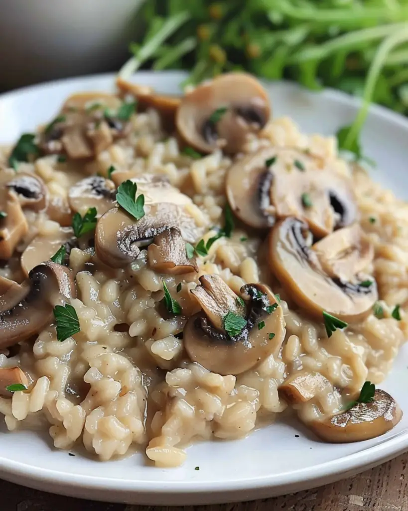 Italian friendsgiving food of creamy mushroom risotto, perfect for an Italian themed friendsgiving menu.